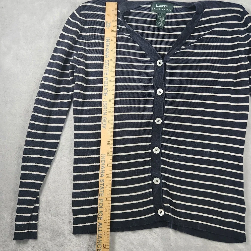 LRL Ralph Lauren Silk Navy White Striped Cardigan Sweater S Quiet Luxury Nautica
